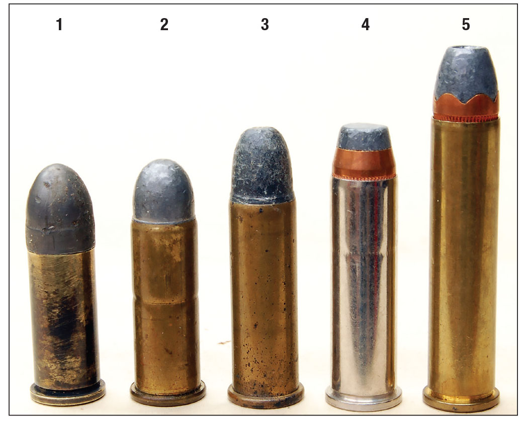 The (1) .38 Colt Navy became the (2) .38 Colt Army, which became the (3) .38 Special, (4) .357 Magnum and the (5) .357 Maximum.